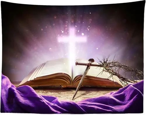 Miniatura 5 de BELECO Telón de fondo de tela de 5 x 3 pies con cruz de la Biblia sagrada, luz sagrada, crucifijo brillante, corona de espinas, creencia de Dios
