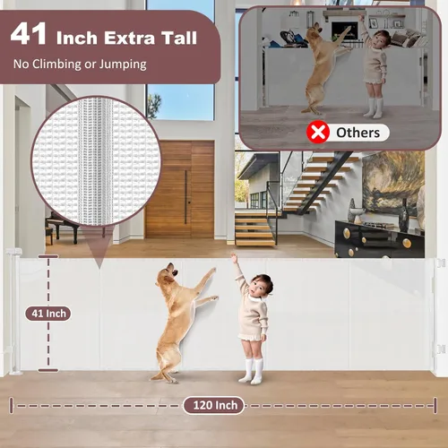Miniatura 3 de Puertas retráctiles extra altas reforzadas de 41 pulgadas para bebés, puerta retráctil extra ancha de 120 pulgadas con varillas de apoyo, puerta