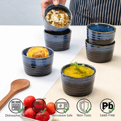 Miniatura 3 de Henten Home Juego de 6 moldes de cerámica de 8 onzas, moldes de porcelana para soufflé y crema Brulee, cuencos pequeños aptos para horno, esmalte