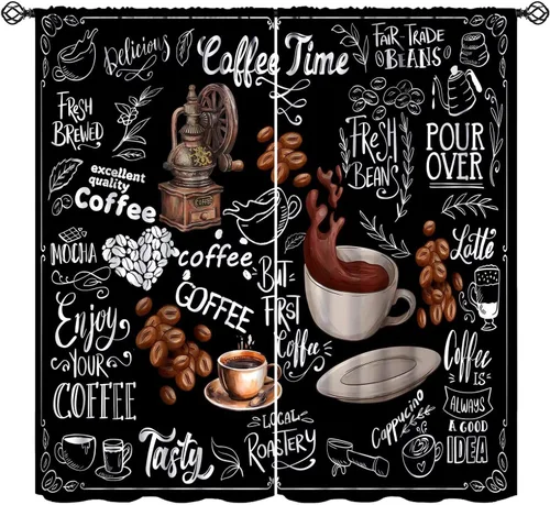 Cortinas rústicas de cocina con temática de café, rústicas, vintage, capuchino, casa de campo, cortinas de ventana con impresión de arte moderno