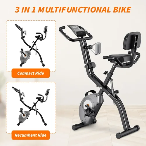 Miniatura 3 de ATIVAFIT Bicicleta de ejercicio plegable fitness para interiores, bicicleta de ciclismo magnética 3 en 1 vertical y reclinada con bandas de Negro