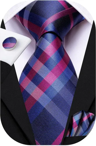 Miniatura 90 de Hi-Tie Corbata clásica de cachemira para hombre con pañuelo y gemelos a cuadros