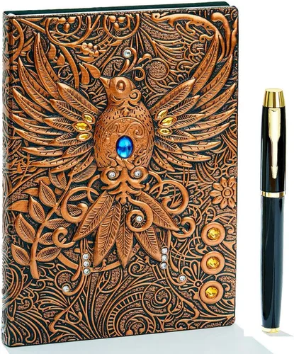 Diario de escritura vintage de piel en relieve 3D Phoenix con juego de bolígrafos dorados, tamaño A5, 200 páginas, cuaderno de bocetos antiguo hecho