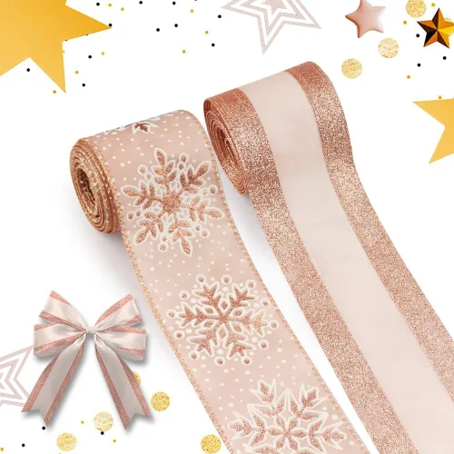 2 rollos de cintas de tela de Navidad, tiras grandes de copo de nieve, cintas de lino de arpillera con purpurina rosa rosada con borde en polvo,