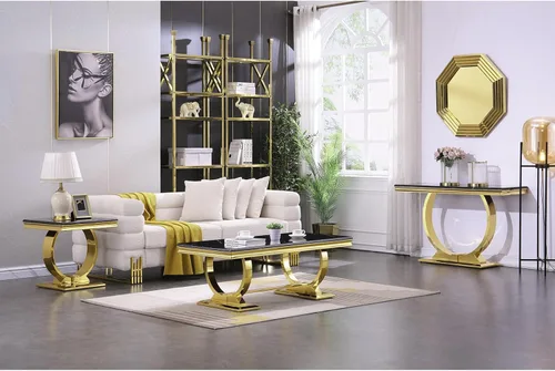 Miniatura 9 de ACEDÉCOR Moderno juego de mesa de centro de 4 piezas, dorado, mesa de mármol sintético, incluye mesa auxiliar, 2 mesas auxiliares, mesa consola, Oro