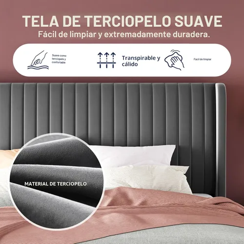Miniatura 6 de Allewie - Base de cama tamaño Full con cabecera acolchada tapizada en terciopelo y diseño acanalado vertical; plataforma de cama tapizada; listones
