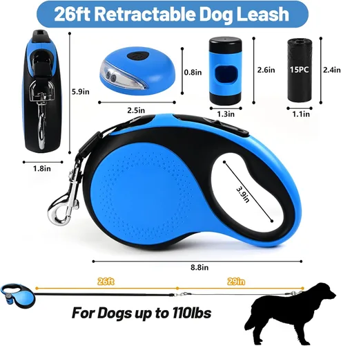 Miniatura 4 de Correa retráctil resistente de 26 pies para perros grandes, correa de perro con soporte para bolsa de excrementos, hasta 100 libras, con luz LED