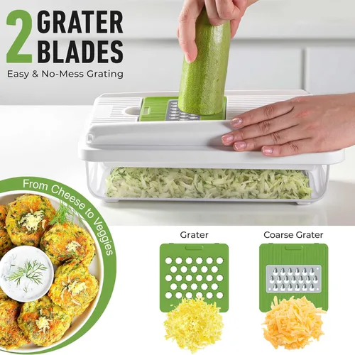 Miniatura 6 de Mueller Cortador de verduras de 9 cuchillas, mandolina para rebanar, picador de verduras, rallador de queso, cortador de cebolla con recipiente