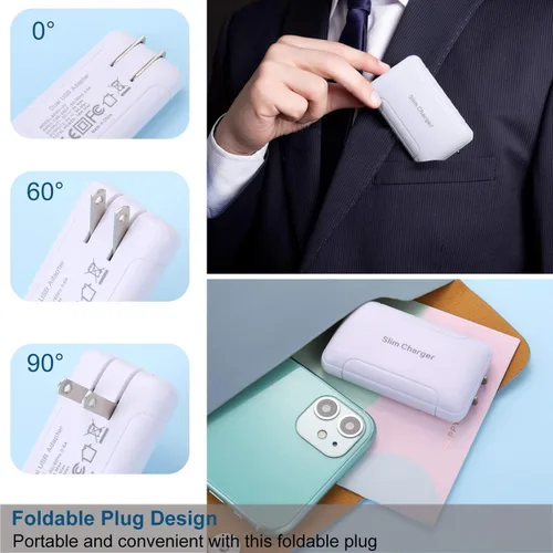 Miniatura 6 de Cargador de pared delgado, paquete de 2 cargadores de pared USB-A de doble puerto de 3A/5V con enchufe plegable, enchufe de pared USB doble plano