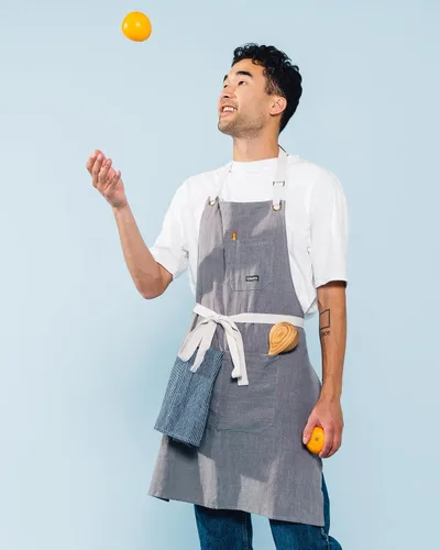Miniatura 4 de Caldo Delantal de cocina de lino para cocinar, delantal de lino para hombre y mujer, para chef profesional, servidor o barista, ajustable con Peltre