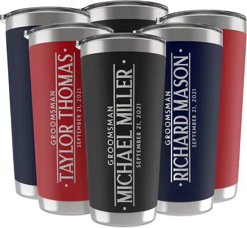 Miniatura 20 de Regalos de padrinos de boda, vaso personalizado con inicial grabada, nombre y título, 20 onzas, 3 colores, vaso de acero inoxidable de doble pared