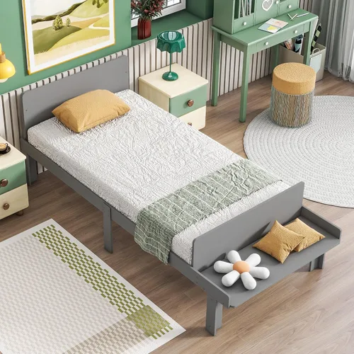 Dolonm Marco de cama individual para niños con banco de estribo, gris, madera de pino, estilo moderno, no necesita somier