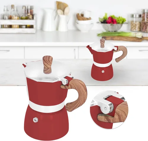 Miniatura 4 de Moka Pot - Cafetera de café expreso de aluminio de 5.1 fl oz, cafetera moka octogonal para oficina en casa (rojo)