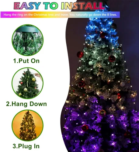 Miniatura 8 de Guirnalda de luces para árbol de Navidad, 200 LED, 6.6 pies x 10 líneas, luces de cascada con control remoto y aplicación, sincronización de música