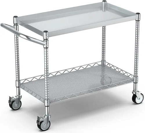 Leteuke 2 Tier Utility Tool Cart with Wheels, Heavy Duty Rolling Utility Carts with Handle, Commercial Grade Metal Serving Storage Cart for