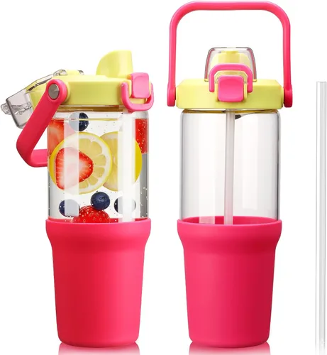 Miniatura 16 de Vaso de vidrio con asa de transporte, botella de agua de vidrio transparente con tapa a prueba de fugas, tapa de boquilla y popote, sin BPA, 32
