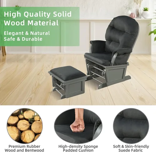 Miniatura 5 de Costzon Juego de cojín mecedor y otomano para bebé, muebles de madera para bebé, para siestas, lactancia, lectura, silla tapizada de guardería