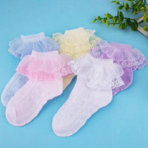 Miniatura 8 de Looching Calcetines con volantes de malla para bebé y niñas pequeñas, con ojales, de algodón, con volantes, 5 pares