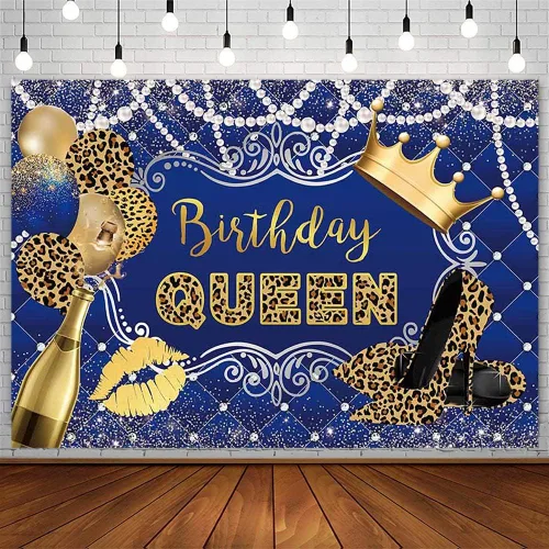 Miniatura 10 de AIBIIN Telón de fondo de cumpleaños de 7 x 5 pies para mujer, niña, leopardo, azul rey y oro, corona de globos, champán, fondo de fotografía