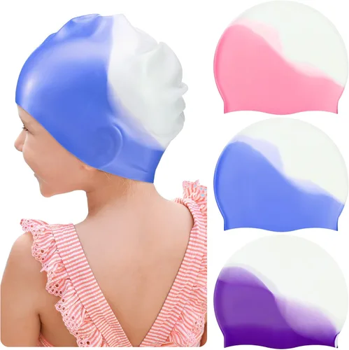 Miniatura 8 de Zhanmai 3 gorras de natación para niños de cabello largo de silicona para niñas y adolescentes con trenzas de pelo largo y rizado, rastas grandes