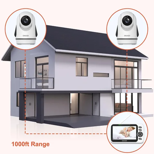 Miniatura 4 de OKAIDI - Monitor de bebé con video y 2 cámaras, pantalla de 5 pulgadas, monitor de bebé sin WiFi, batería de 30H y rango de 300 m, cámara de bebé