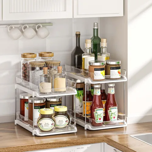 Miniatura 7 de Delamu - Organizadores y almacenamiento de 2 niveles para debajo del fregadero del baño, multiuso, apilables, organización de cocina y despensa
