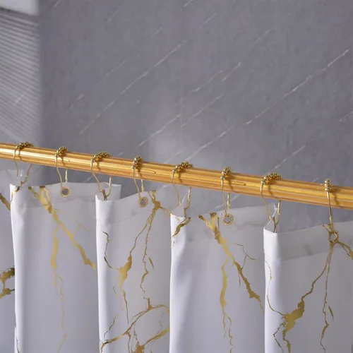 Miniatura 5 de Cortinas de ducha de mármol blanco y dorado para baño, cortina de ducha con destellos y ganchos, impresión única de oro en lámina, impermeable
