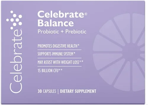 Celebrate Vitamins Balance Probiotic + Prebiotic - Suplemento diario post cirugía bariátrica para mujeres y hombres, 28.5 mil millones de UFC, apoya