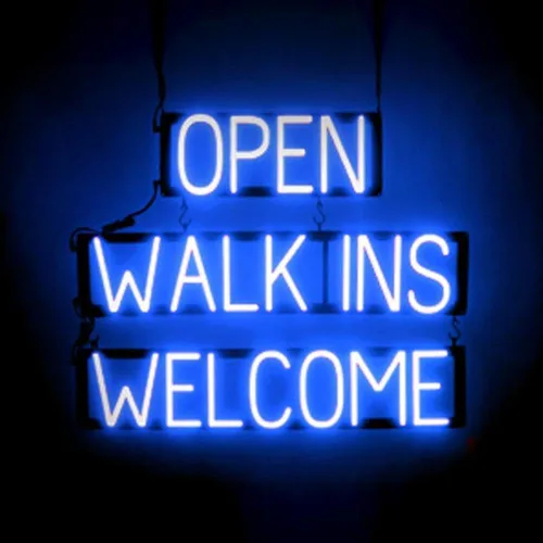 Miniatura 23 de SpellBrite Letrero con texto en inglés "WALK INS WELCOME", con aspecto de neón, fuente de luz LED azul, 29.8 x 15.0 pulgadas