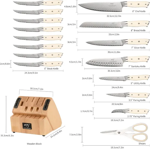 Miniatura 2 de NANFANG BROTHERS Juego de cuchillos de cocina de Damasco de 19 piezas con bloque, mango ergonómico ABS para juego de cuchillos de chef, afilador