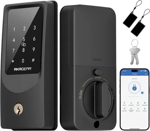 AkaGear Cerradura inteligente WiFi para puerta de entrada sin llave con 8 pilas AA, control remoto de aplicación, cerrojo de teclado táctil para