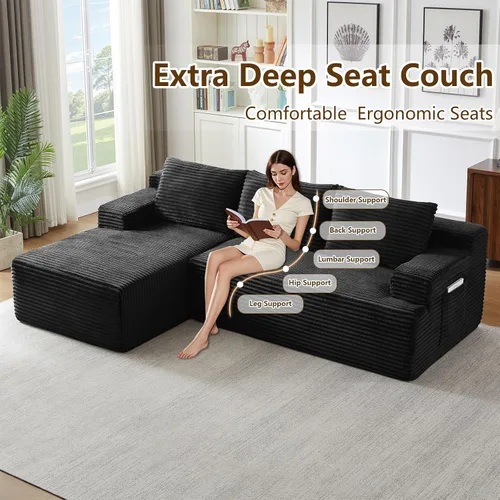 Miniatura 4 de Sofá seccional Cloud de 96 pulgadas, sofá deshuesado para sala de estar, sofá modular con asiento profundo, sofá de pana cómodo y esponjoso con Negro