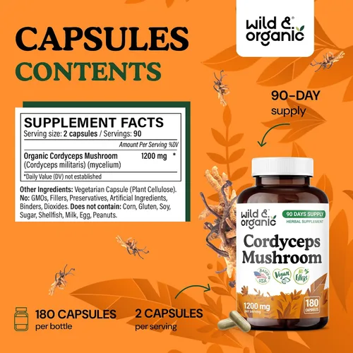 Miniatura 3 de Wild & Organic Cordyceps Cápsulas de 1200 mg - Apoyo inmunológico - Suplemento en polvo de hongos Cordyceps - Extracto de micelio puro - Vegano, sin