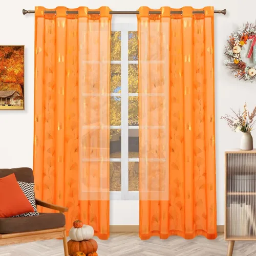 Miniatura 14 de Youleyar - 2 paneles de cortinas de gasa con estampado de lámina dorada, con ojales en la parte superior, para ventana, de 63 pulgadas de largo