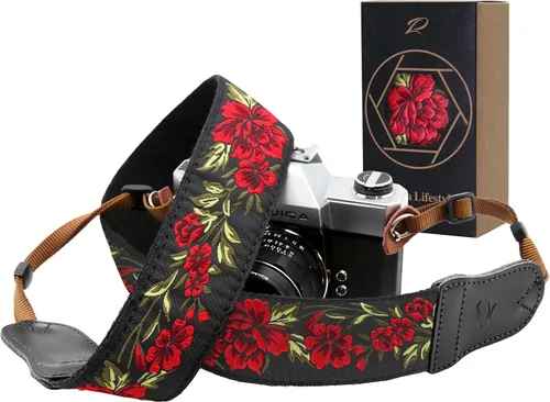 Miniatura 26 de Padwa Lifestyle Correa para cámara de flores marrones, correa de algodón de doble capa de piel de vaca de 2 pulgadas de ancho, bordado jacquard Flor