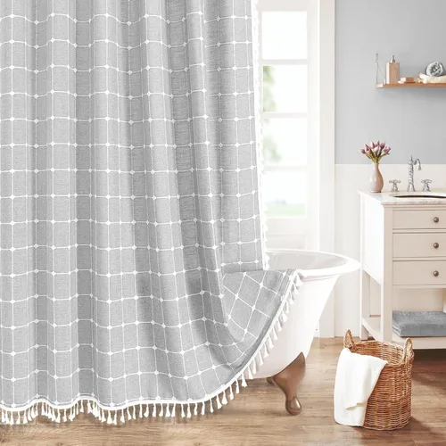 Miniatura 32 de MitoVilla Juego de cortinas de ducha estilo bohemio, modernas cortinas de ducha bohemias para decoración de baño, cortina de ducha de tela de lino