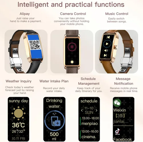 Miniatura 6 de Amoled Laies - Reloj inteligente para mujer, reloj inteligente con correa de piel, monitor de ritmo cardíaco, estrés, sueño, 12 modos deportivos