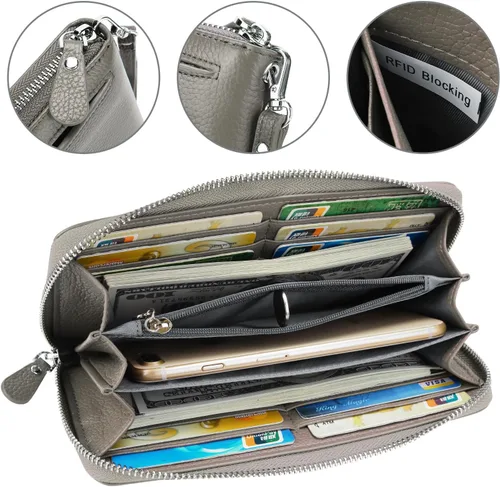 Miniatura 4 de YALUXE Carteras de cuero real con cremallera alrededor para mujer, bolso de mano, teléfono celular, tarjetero, protección de bloqueo RFID, Gris