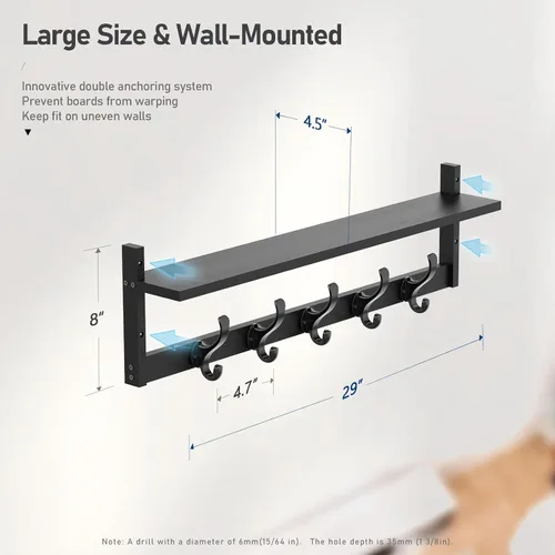 Miniatura 7 de Tatub Perchero de pared de 29 pulgadas con estante, ganchos de pared de madera con almacenamiento, estante de entrada con 5 perchas para baño, sala