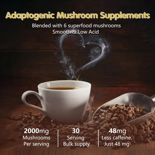Miniatura 8 de Café de Hongos, 6 Hongos Adaptogénicos (Melena de León, Cordyceps, Cola de Pavo y Otros) Mezclados con Café Instantáneo Premium para Concentración