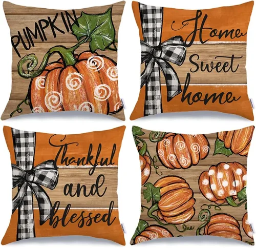 Miniatura 13 de GEEORY Juego de 4 fundas de almohada de otoño de 18 x 18 pulgadas, diseño de calabazas y tarros de masón, decoración agradecida, fundas de cojín