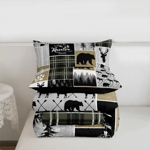 Miniatura 164 de Juego de edredón de oso y ciervo, tamaño individual, ropa de cama de animales salvajes de caza, colcha rústica de cabaña, casa de campo, cuadros