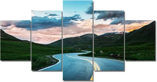 Miniatura 58 de TUMOVO Lienzo decorativo para pared de sala de estar, 5 paneles de naturaleza, Alaska, Estados Unidos, autopista alrededor de montañas, paisaje