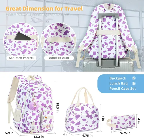 Miniatura 4 de Hidds Mochila para niñas, 3 piezas, mochilas escolares universitarias, juego de bolsa de libros para niños con lonchera, mochila escolar, mochila