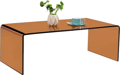 Miniatura 3 de Mesa de café de vidrio SMARTIK, mesas de café ámbar modernas para sala de estar, pequeña mesa auxiliar rectangular de vidrio templado con efecto