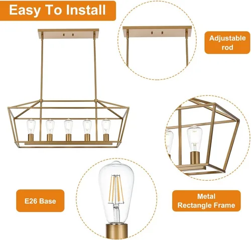 Miniatura 6 de Lámpara moderna de 5 luces para isla de cocina en acabado dorado, lámpara colgante industrial con marco de metal para comedor, vestíbulo, cafetería