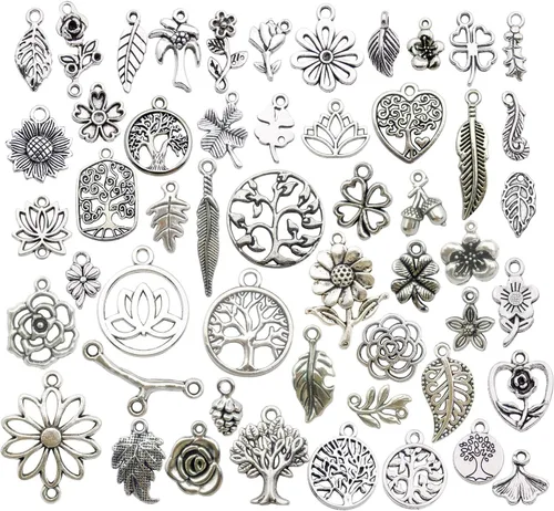 Youdiyla Colección de 100 dijes de flores de árbol de plata, mini dijes pequeños de metal, suministros para manualidades para collar y pulsera