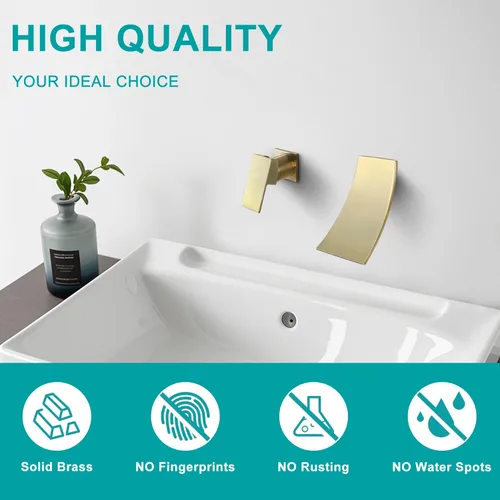 Miniatura 7 de SKOWLL Grifo de fregadero de baño de montaje en pared de una sola manija, juego de grifo moderno de cascada de oro cepillado, boquilla de cascada