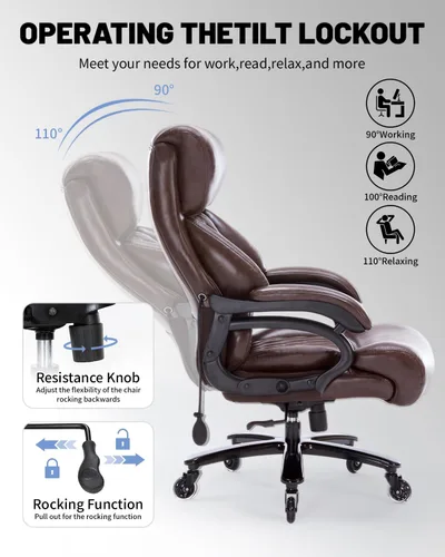 Miniatura 4 de Silla de oficina grande y alta de 600 libras con soporte lumbar ajustable, silla de escritorio ejecutiva de asiento ancho con cojín de 6.5 pulgadas