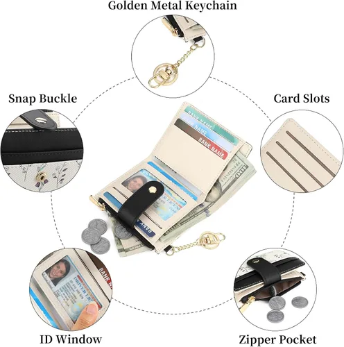 Miniatura 6 de GAEKEAO - Billetera pequeña para mujer con bloqueo RFID, delgada, de dos pliegues, de cuero floral, tarjetero con bolsillo con cremallera y ventana